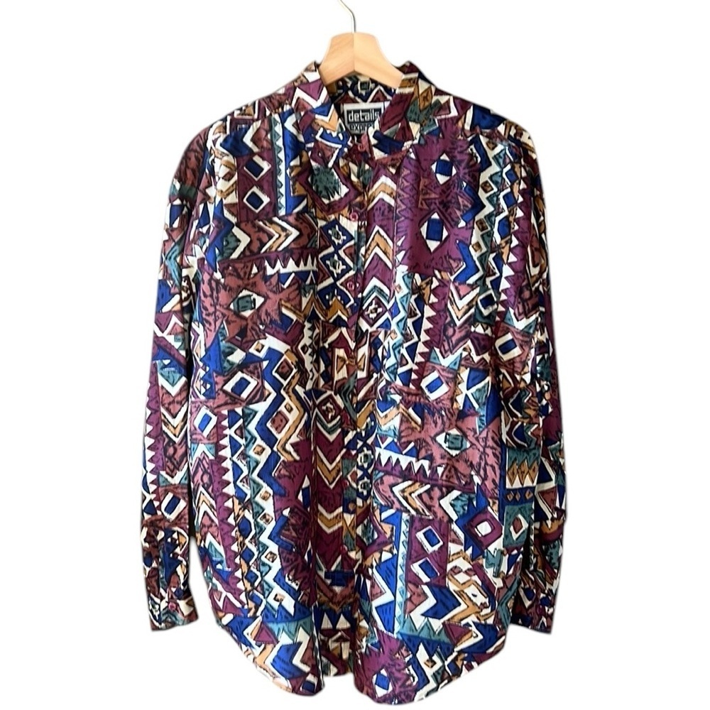 Details Express Vintage Oversized M 100% Silk Tribal Print Button-down Shirt